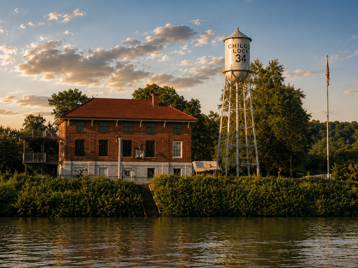 building and water tower on water