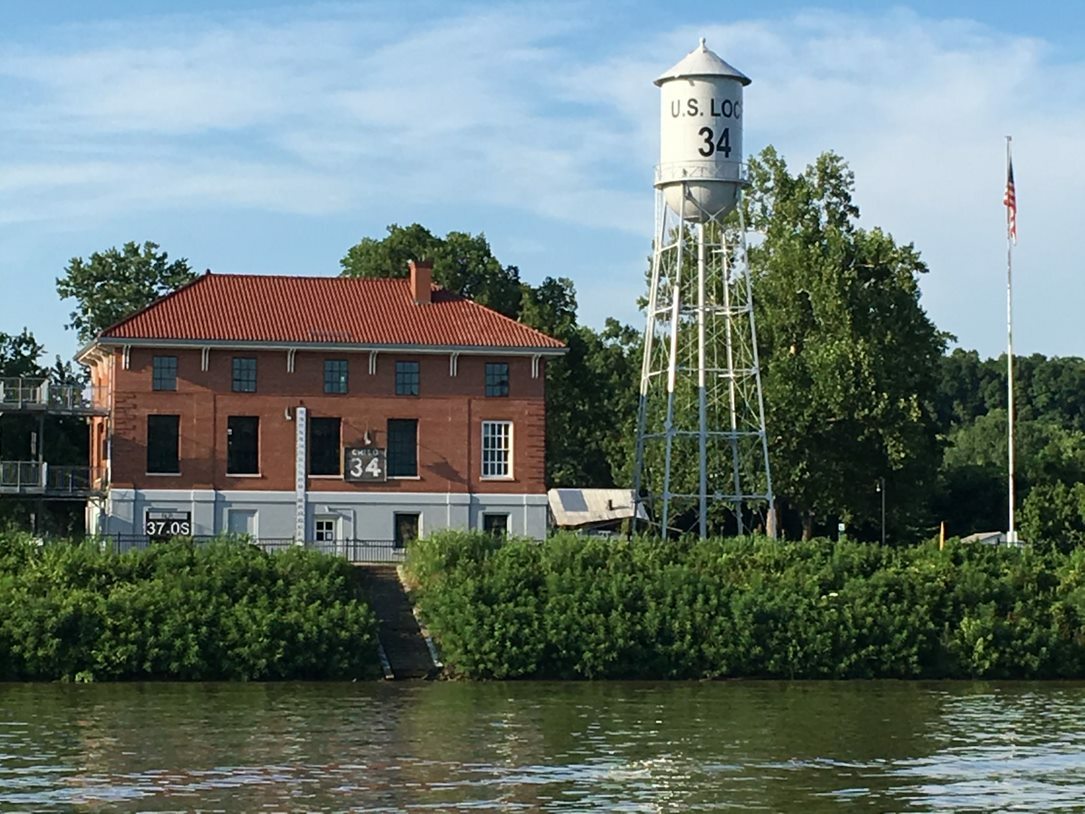 building and water tower on water