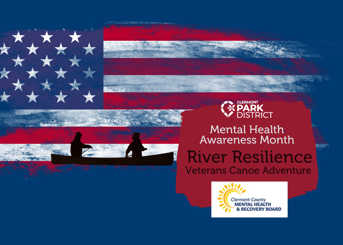 Silhouetted figures paddle in a canoe on a dark blue background with the american flag 