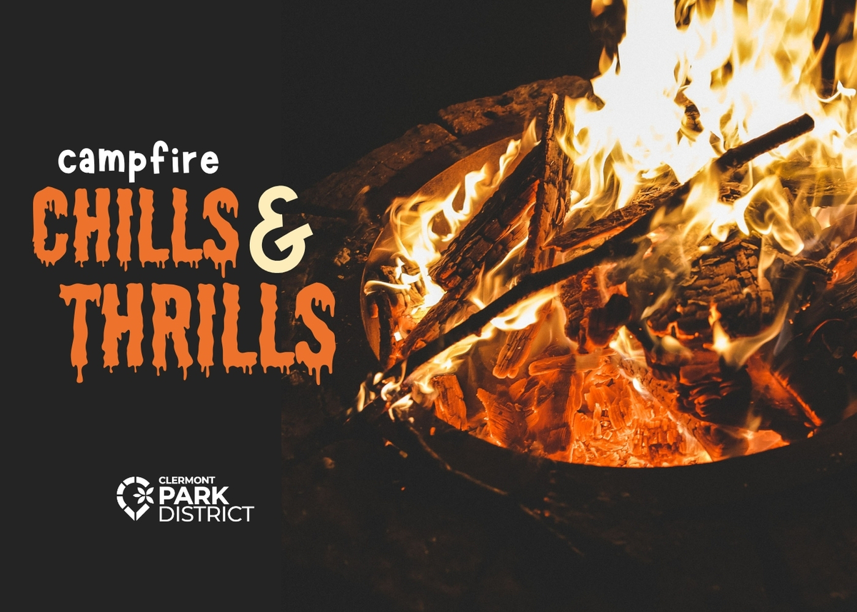 campfire with scary text saying chills and thrills