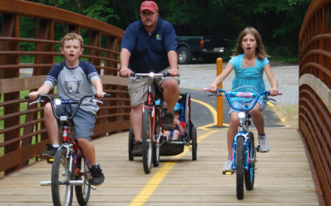 Family riding bikes on bike path