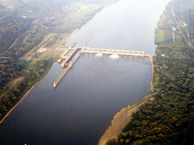 An aerial view of the Meldahl Dam.