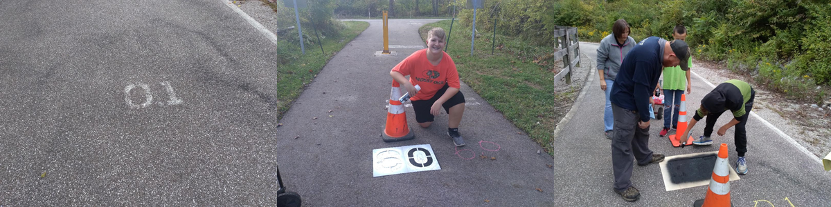 An example of the old, faded mileage markers (left), Brendan painting the last marker (center), and part of the team painting a marker (right).