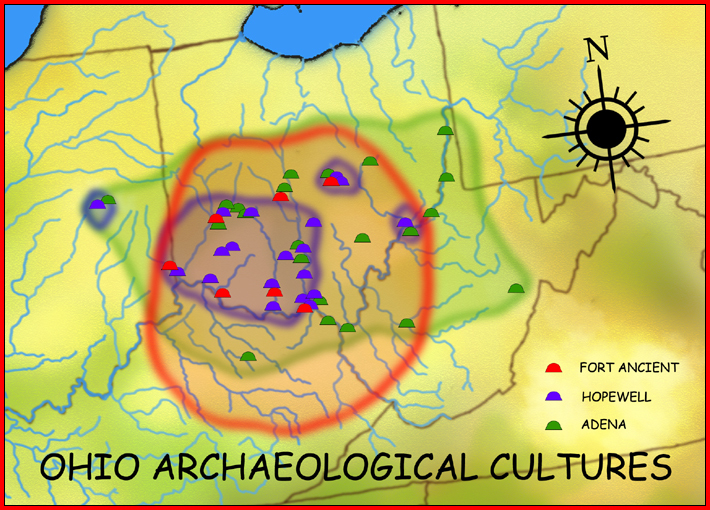 Map of circled Ohio archaeological cultures